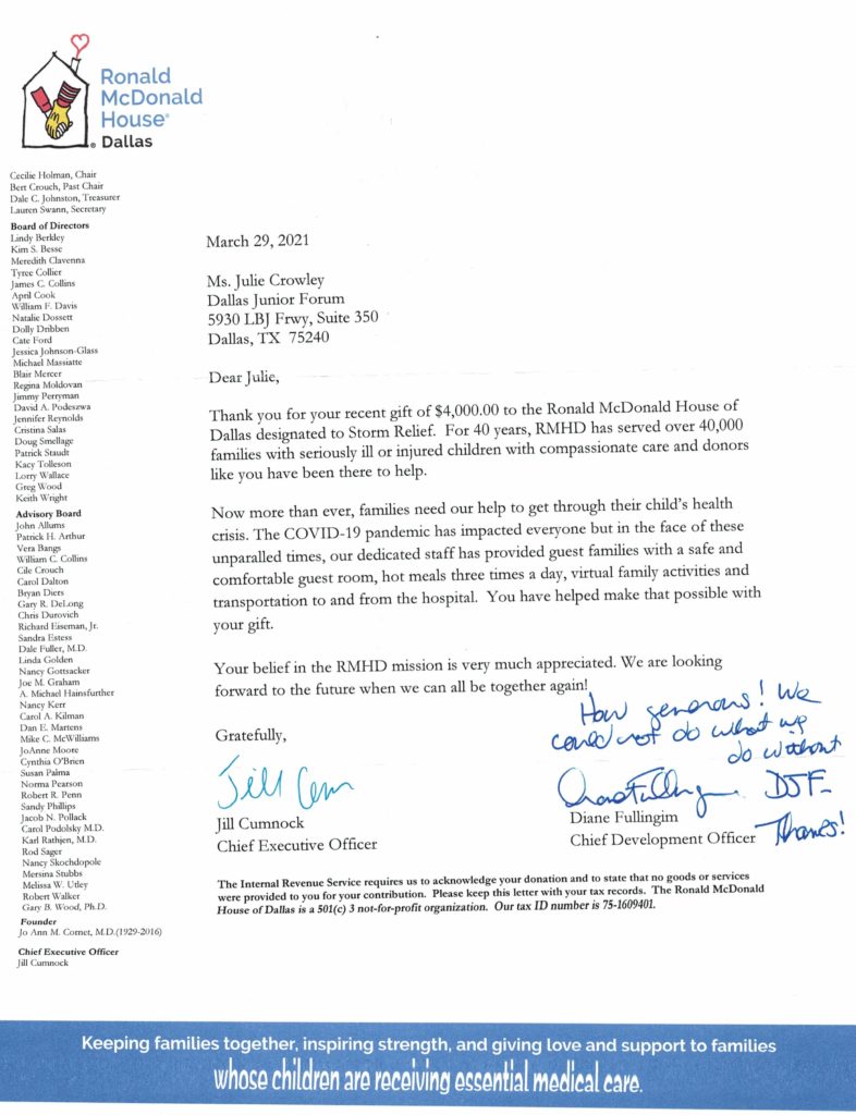 Thank you note from Ronald McDonald House - April 2021